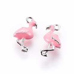 Real Platinum Plated Brass Enamel Pendants, Flamingo Shape, Nickel Free, Pink, Real Platinum Plated, 16x10.5x4.5mm, Hole: 1.4mm