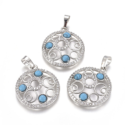 Synthetic Turquoise Synthetic Turquoise Pendants, with Platinum Tone Brass Findings and Crystal Rhinestone, Flat Round, 29x25.5x4.5mm, Hole: 4.5x8mm