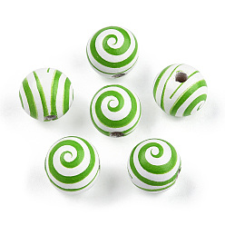 Lime Green Spray Painted Wood Beads, Printed Beads, Round, Lime Green, 15~16x14~15mm, Hole: 3~4mm