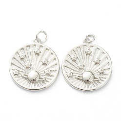 Платина Латунные микропаве прозрачные подвески с фианитом, долговечный, плоский круглый с планетой, платина, 22x20x3 мм, отверстие : 3.5 мм