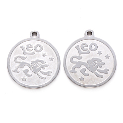 Leo Non-Tarnish 201 Stainless Steel Pendants, Flat Round with Twelve Constellation, Laser Cut, Stainless Steel Color, Leo, 25x22x1.5mm, Hole: 2mm