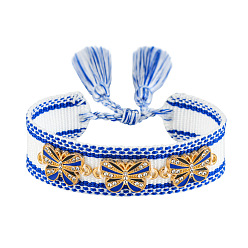 Белый Регулируемые браслеты-слайдеры в форме бабочки из полиэстера, сплава, смолы, эмали и стразов., браслеты макраме для женщин, с кистями, белые, 5.91~9.45 дюйм (15~24 см)