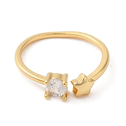 Golden Rack Plating Brass Star Solitaire Ring, Cuff Ring with Clear Cubic Zirconia, Golden, Inner Diameter: 16mm
