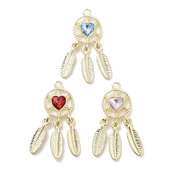 Золотой Подвески из сплава со стразами, без свинца, без кадмии и без никеля, тканая сеть / паутина с пером, сердце, разноцветные, золотые, 34x13x4 мм, отверстие : 2 мм