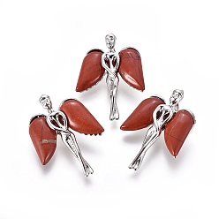 Красный Камень Природные красной яшмы подвески, с латунной фурнитурой платинового цвета, ангел, 34x23x8 мм, отверстие : 5x3 мм
