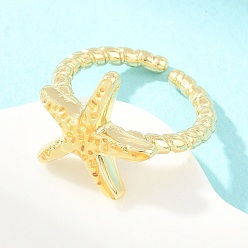 Starfish Brass Cuff Open Rings, Rack Plating, Long-Lasting Plated, Real 18K Gold Plated, Lead Free & Cadmium Free, Starfish, 16mm, Starfish: 15.5x6mm