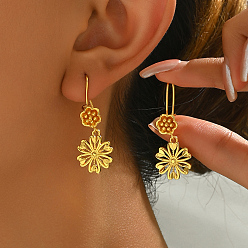 Цветок Золотые винтажные латунные серьги-кольца, серьги в стиле ретро-шик, цветок, 40x15 мм