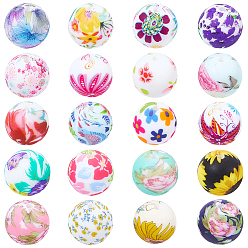 Mixed Color 80Pcs 20 Styles Printed Round Silicone Focal Beads, Mixed Color, 15mm, Hole: 2mm, 4pcs/style