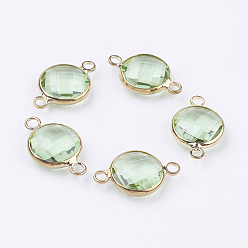 Бледно-Зеленый Золотистые латунные стеклянные соединители, граненые, плоско-круглые, бледно-зеленый, 15x8.5x3.5 мм, отверстие : 1.5 мм