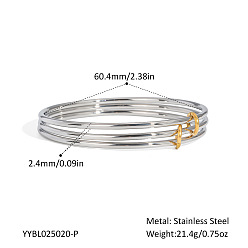 Couleur Acier Inoxydable 304 Bracelets en acier inoxydable 3 à plusieurs rangs pour femmes, couleur inox, diamètre intérieur: 2.38 pouce (6.04 cm), 3 pièces / kit