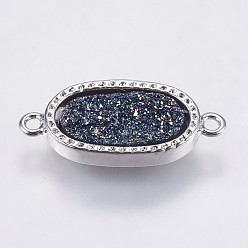 Prussian Blue Druzy Resin Links connectors, with Brass Finding, Oval, Platinum, Prussian Blue, 21x9.5x3.5~4mm, Hole: 1.5mm