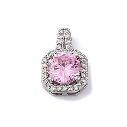 Pink Латунные микро проложить кубического циркония подвески, квадратных амулеты, розовые, 17x11x6 мм, отверстие : 5x1.5 мм