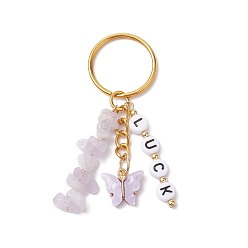 Golden Alloy Acrylic Enamel with Natural Amethyst Keychain, Butterfly, Word LUCK, Golden, 72mm