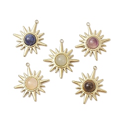 Смешанные камни Подвески из натурального тигрового глаза/розового кварца/лазурита/зеленого авантюрина/аметиста, 304 подвески-солнце из нержавеющей стали, золотые, 21x19x4.5 мм, отверстие : 1 мм
