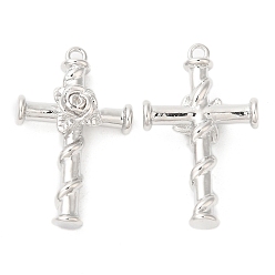 Платинированный Латунные подвески, крестик с розой, Реальная платина, 25x15x5.5 мм, отверстие : 1.4 мм