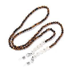 Тигровый глаз Цепочки для очков, натуральный тигровый глаз цепочки шейный ремешок для очков, с резиновыми петлями на концах и фурнитурой из натуральной ракушки и нержавеющей стали, 740x4.5~8 мм