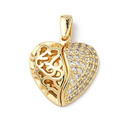 Настоящее золото 18K Латунные микропаве кубические цирконии открывающиеся подвески, сердце прелести, без кадмия и без свинца, долговечный, стойки покрытие, реальный 18 k позолоченный, 24x18x5.5 мм, отверстие : 4.5x1.5 мм