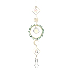 Green Aventurine Sun Moon Ring Brass & Natural Green Aventurine Chip Suncatcher, Glass Cone & Teardrop Pendant Prism Crystal Window Hanging Ornament for Home Garden Decor, 320mm