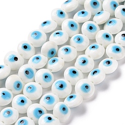 White Handmade Evil Eye Lampwork Beads Strands, Flat Round, White, 12.5x7.5mm, Hole: 1.6mm, about 33pcs/strand, 15.12''(38.4cm)