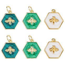 (52) Непрозрачная лаванда 6шт. 3 стили: латунные и 304 эмалированные подвески из нержавеющей стали, шестиугольник с пчелой, с целью перехода в кольце, реальный 18 k позолоченный, разноцветные, 14.5~15.5x14x2.5~3 мм, отверстие : 1.2~3.6 мм, 2 шт / стиль