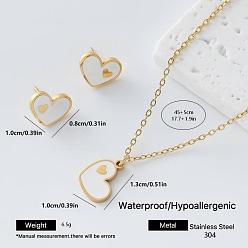 White 304 Stainless Steel Enamel Heart Pendant Necklace & Stud Earrings Set for Women, Golden, White, 450mm