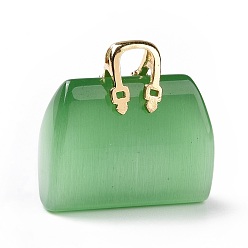 Средний Морско-зеленый Подвески кошачий глаз, с латунной фурнитурой золотого цвета, ба, средний морской зеленый, 27.5x25x12 мм, отверстие : 6.5x5 мм