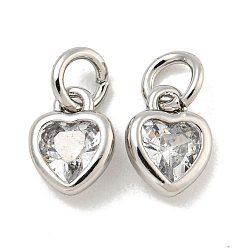 Платина Латунные микропаве прозрачные подвески с фианитом, без кадмия, без никеля и без свинца, сердце, с целью перехода в кольце, платина, 7x5x2 мм, отверстие : 2 мм