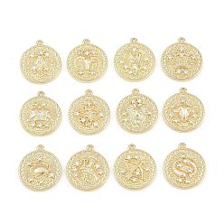 Mixed Shapes Brass Micro Pave Clear Cubic Zirconia Pendants, Flat Round with Constellation Charms, Rack Plating, Long-Lasting Plated, Cadmium Free & Lead Free, Golden, Mixed Shapes, 16x14x2~3mm, Hole: 1mm
