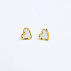 Real 18K Gold Plated 304 Stainless Steel Enamel Stud Earrings for Women, Heart, Real 18K Gold Plated, 11x10mm