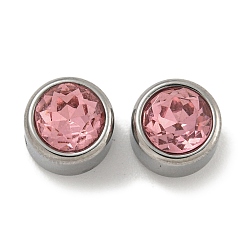 Pink 304 нержавеющая сталь с 9 стеклянными бусинами-стразами, плоско-круглые, платина, розовые, 8x6.5 мм, отверстие : 1.8 мм
