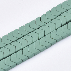Medium Aquamarine Spray Painted Non-magnetic Synthetic Hematite Beads Strands, Arrow/Chevron, Medium Aquamarine, 5x6x3mm, Hole: 0.5mm, about 100pcs/strand, 15.7 inch