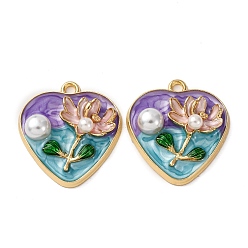 Сердце Подвески из эмалевого сплава легкого золота, , с ABS имитации жемчуга, стойки покрытие, сердце, 25.5x23x6 мм, отверстие : 2 мм