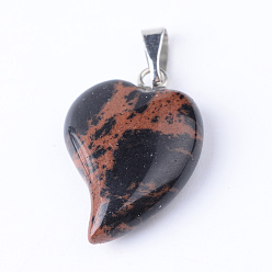 Красный Обсидиан Подвесные подвески из натурального махагони с латунными находками, сердце, 21~23x14~15x5~6 мм, отверстие : 2x6 мм