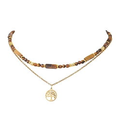 Золотой Древо жизни 304 подвеска из нержавеющей стали, цепочка с подвеской и двухслойные ожерелья из натурального тигрового глаза с прямоугольными и круглыми бусинами, золотые, 15.94~17.52 дюйм (40.5~44.5 см), 2 шт / комплект