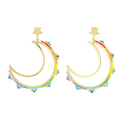 Golden Brass Linking Ring Studs Earring, Natural Apatite and Glass Beads, Moon, Golden, 73x36mm