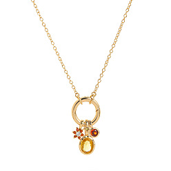 Red Brass Pave Cubic Zirconia Oval Flower Birth Stone Penant Necklaces with Synthetic Opal for Women, Golden, Red, 17.72 inch(45cm)
