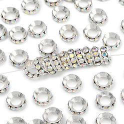 Хрусталь AB Латунные бусины разделители для поставки стразов, класс А, рондель, серебряный цвет гальваническим, хрусталь AB, 10x4.2 мм, отверстие : 5.2~5.7 мм