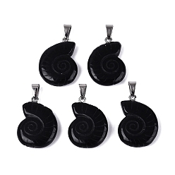 Obsidienne Pendentifs en obsidienne naturelles, charmes de conque, avec cliquet en acier inoxydable, couleur inox, 27.5~29.5x20~23x5.5~8.5mm, Trou: 7x4mm