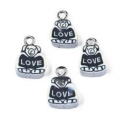 Black Handmade Polymer Clay Charms, with Platinum Tone Iron Loop, Bear with Word LOVE, Black, 13~14.5x9~11x4.5mm, Hole: 2mm