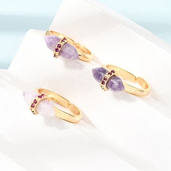 Lepidolite Brass Micro Pave Cubic Zirconia Cuff Open Rings for Women, Bullet, with Natural Lepidolite, Rack Plating, Long-Lasting Plated, Lead Free & Cadmium Free, Real 18K Gold Plated, US Size 7 1/4(17.5mm)