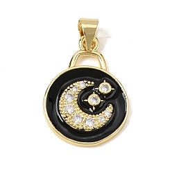 Черный Латунные микропаве прозрачные подвески с фианитом, плоская круглая с лунными подвесками, долговечный, стойки покрытие, без свинца и без кадмия, с эмалью, реальный 18 k позолоченный, чёрные, 21x15x2 мм, отверстие : 3.5x3 мм