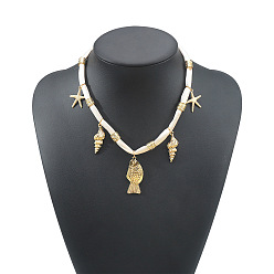 Fish Ocean Alloy Sea Animals Pendant White Cord Necklaces for Women, Golden, Fish, 18.11 inch(46cm)