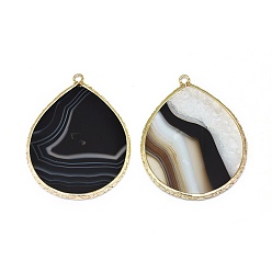 Banded Agate Natural Striped Agate/Banded Agate Pendants, with Brass Findings, teardrop, Dyed & Heated, Golden, 44~45x34~35x2mm, Hole: 2mm