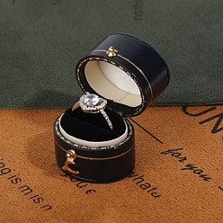 Oval Vintage PU Leather Ring Jewelry Box, Finger Ring Storage Gift Case, with Velvet Inside and Metal Clasps, for Wedding, Engagement, Oval, 3.3x2.6x3.5cm