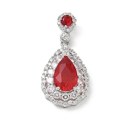 Platino Colgantes de circonita cúbica roja micro pavé de latón, larga duración plateado, encantos de lágrima, Platino, 24x16x8 mm, agujero: 8x2.5 mm