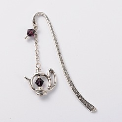 Lila Tibetischen Stil Lesezeichen / Haarnadeln, mit tibetischen Stil Wasserkocher Glasperlen Zubehör, Antik Silber Farbe, lila, 84x13x2 mm