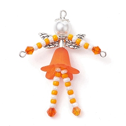 Orange Glass Seed & Acrylic Pearl Beaded Big Pendants, with Alloy Fairy Wing & 304 Stainless Steel Findings, Angel Charms, Orange, 52x40x18mm, Hole: 1.6mm