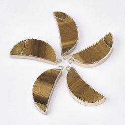 Tiger Eye Electroplate Natural Tiger Eye Pendants, with Iron Findings, Moon, Golden, 44~45x18~19x8~9mm, Hole: 1.6mm