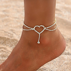 Золотой Браслеты на ногу из цинкового сплава с кристаллами и стразами в форме сердца из железа с двойной цепочкой для женщин, золотые, 6-3/4 дюйм (170 мм)