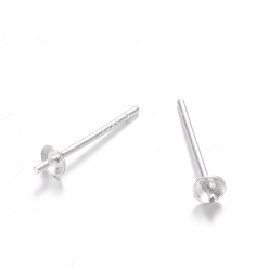 Silver Sterling Silver Stud Earring Findings, For Half-drill Beads, Silver, Tray: 3mm, 13mm, Pin: 0.7mm